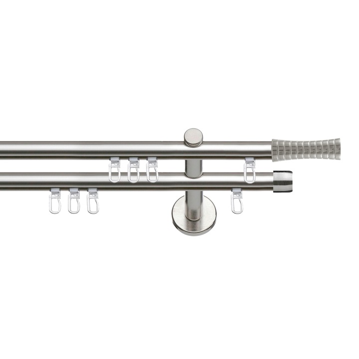 Set galerie metalica Ramses, dubla, tip profil, nichel, Ø 19 mm, 300 cm - 4 x 150 cm cu element de legatura, accesorii incluse