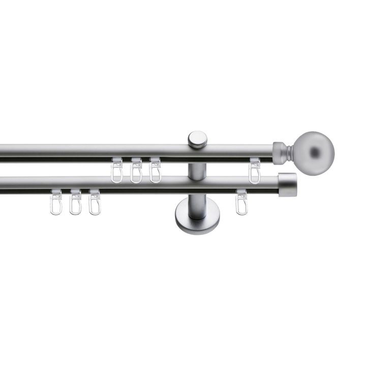 Set galerie metalica Ball, dubla, tip profil, nichel satinat, Ø 19 mm, 480 cm - 6 x 160 cm cu element de legatura, accesorii incluse