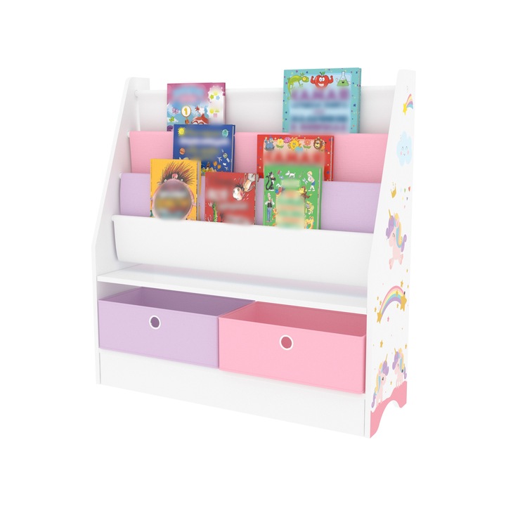 Raft pentru copii, en.casa, Neda, 74 x 71 x 23 cm, pal, poliester, alb, lila, roz, cu 3 fante si 2 cutii pliabile depozitare