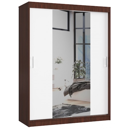 Dulap, Akord Furniture Factory, 6 rafturi, Sina agatat haine, Usi glisante cu oglinda, 200 x 150 x 60 cm, Wenge, Alb, Maro