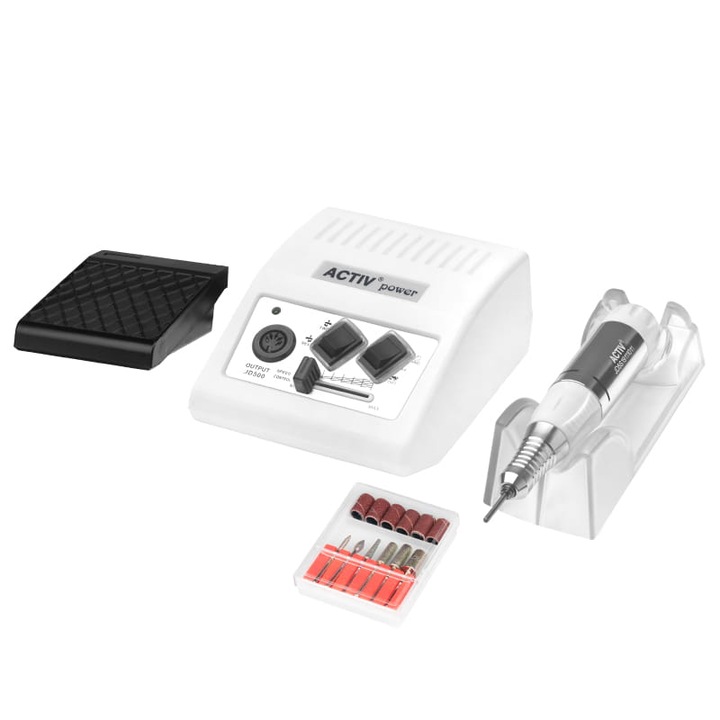 Freza unghii profesionala cu pedala Activeshop, Activ Power JD500, 6 capete de rezerva, 30000 rpm, Alb