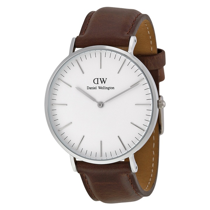 Daniel Wellington Ceas cu curea maro din piele, Maro, Argintiu