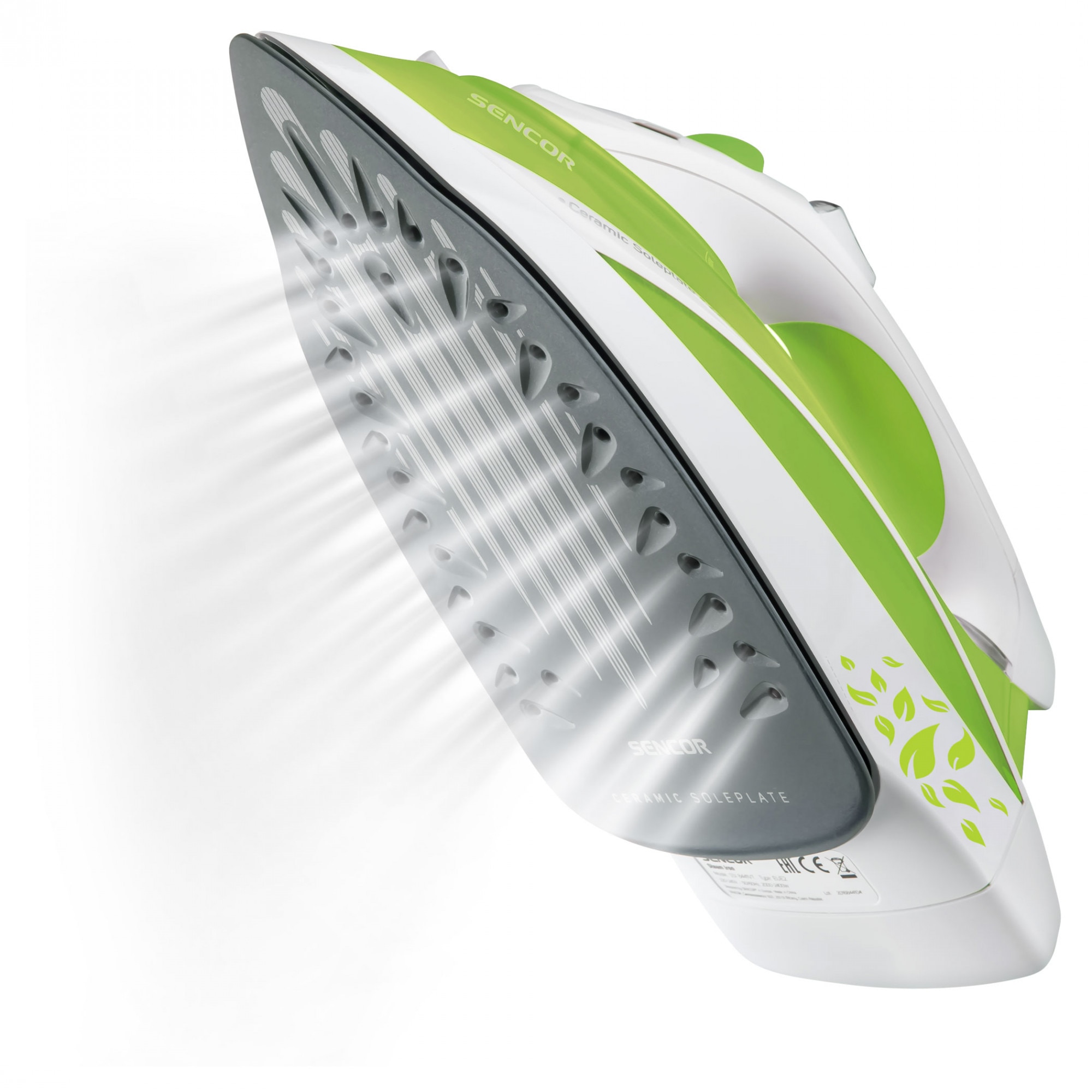 Fier de calcat, talpa ceramica, 2200 W, Abur, functie auto-curatare, Alb/Verde