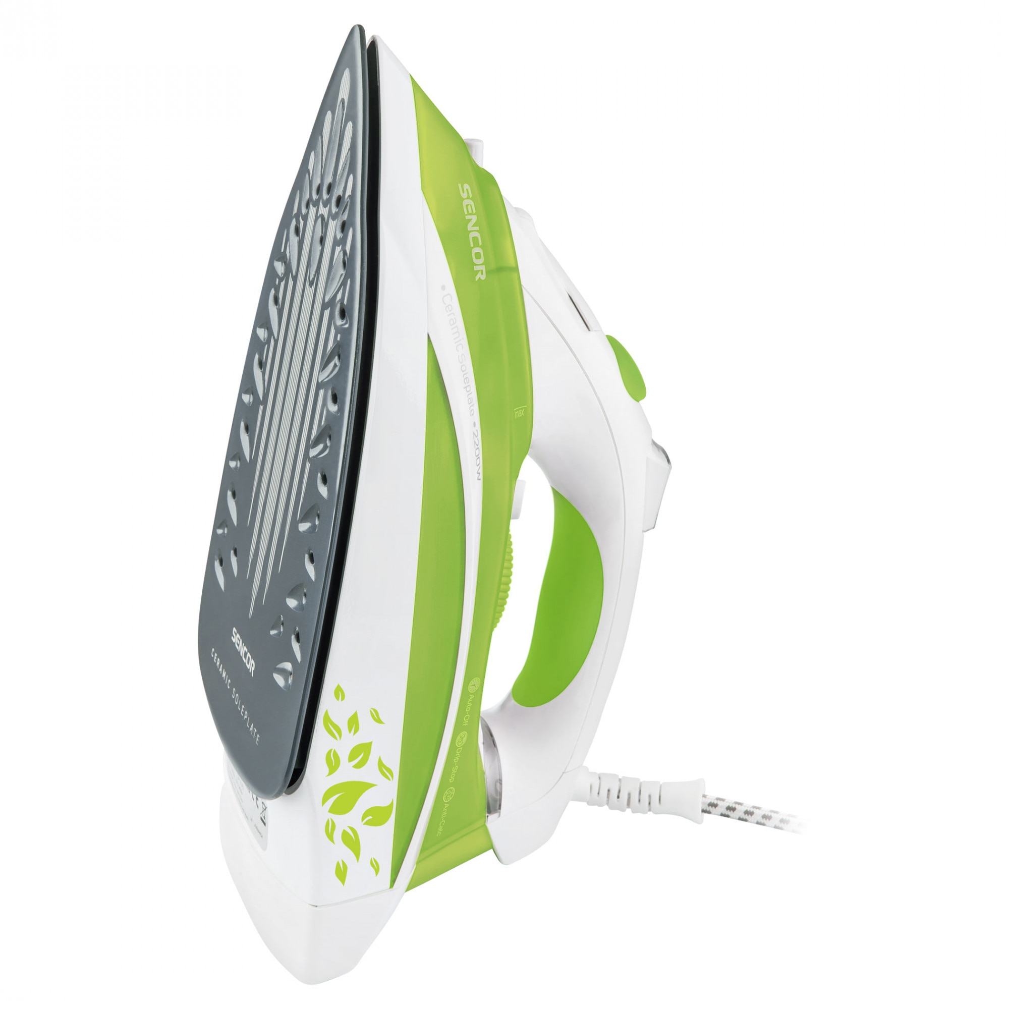 Fier de calcat, talpa ceramica, 2200 W, Abur, functie auto-curatare, Alb/Verde