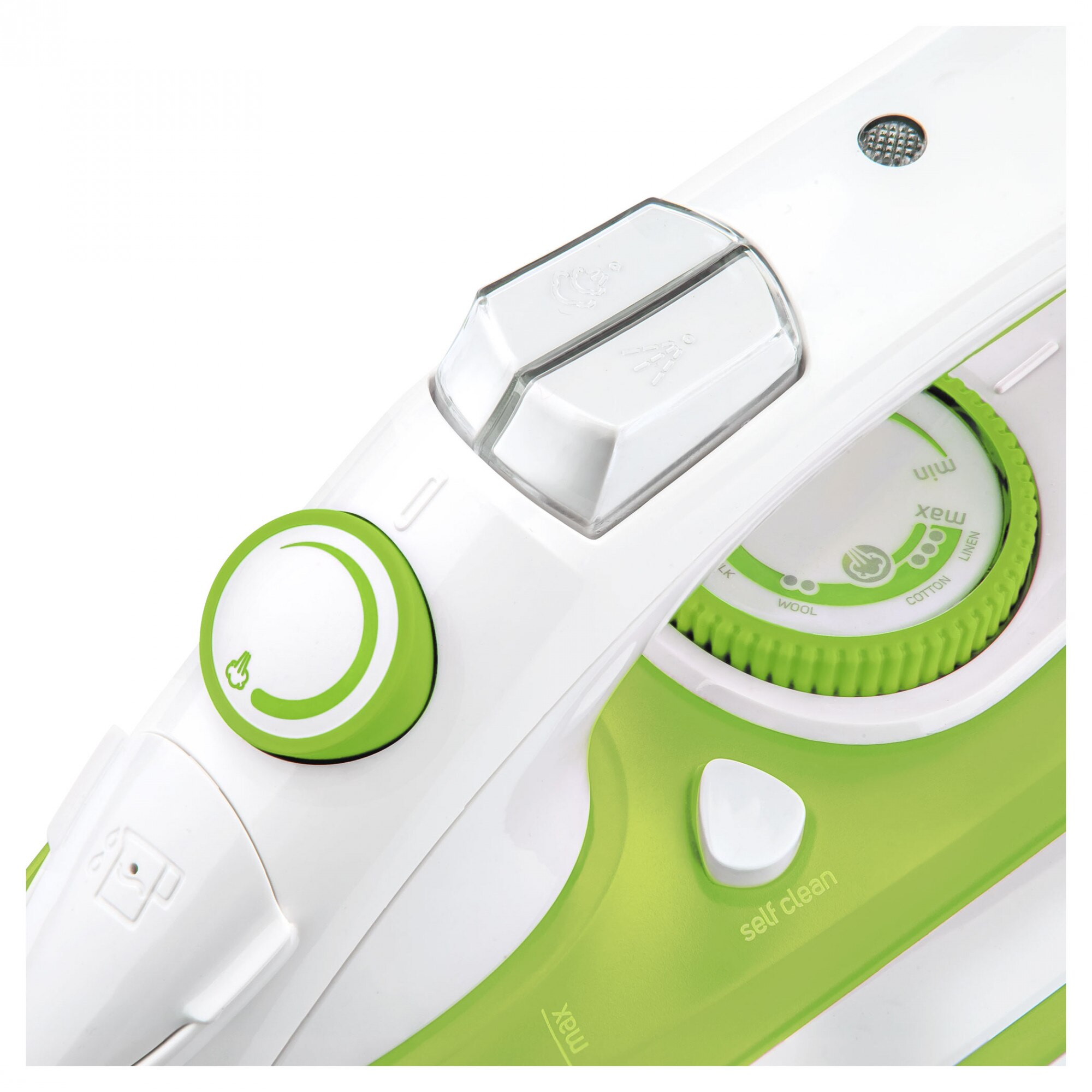 Fier de calcat, talpa ceramica, 2200 W, Abur, functie auto-curatare, Alb/Verde