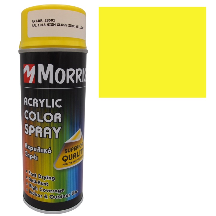 Morris festék spray, cink sárga RAL 1018-fényes, fa, fém, alumínium, üveg, kő és műanyag felületekre 400 ml