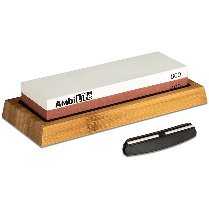 Piatra de ascutit cutite AmbiLife premium cu doua granulatii, 400/800 cu cauciuc, suport antiderapant si ghidaj unghi