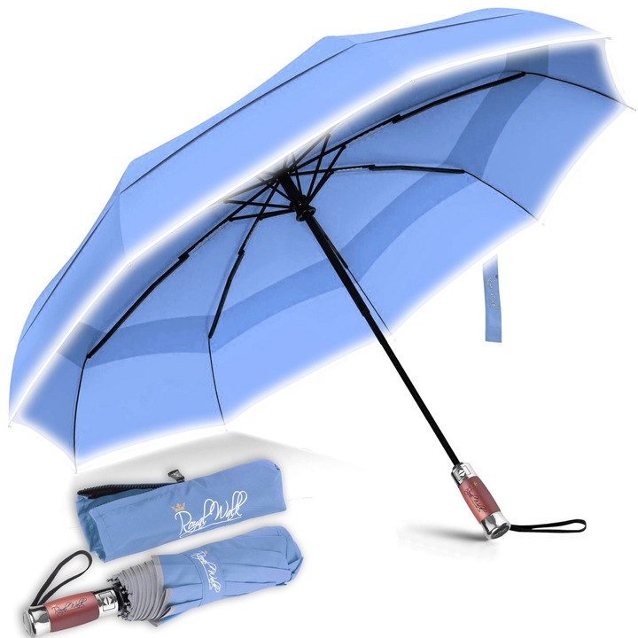 Umbrela de Ploaie Pliabila Royal Walk, Pentru Femei si Barbati, Deschidere si Inchidere Automata, Compacta, Rezistent la Vant, Maner de Lux Din Lemn Real, Baldachin Dublu Ventilat, Diametru de 103 cm, Albastru deschis