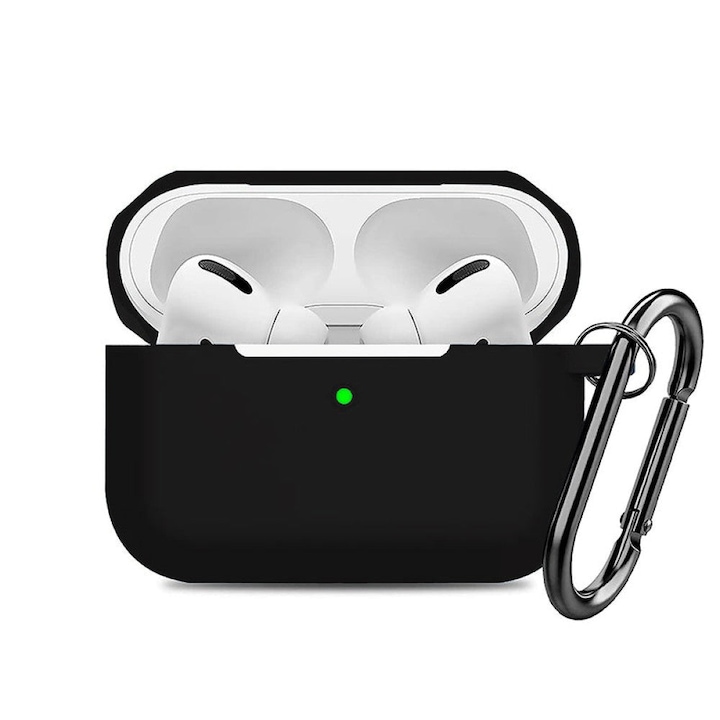 Husa Silicon Protectie compatibila cu AirPods Pro 1 / Pro 2 CASEY STUDIOS™, din Silicon Moale, cu Breloc Carabina, Incarcare Wireless, Negru