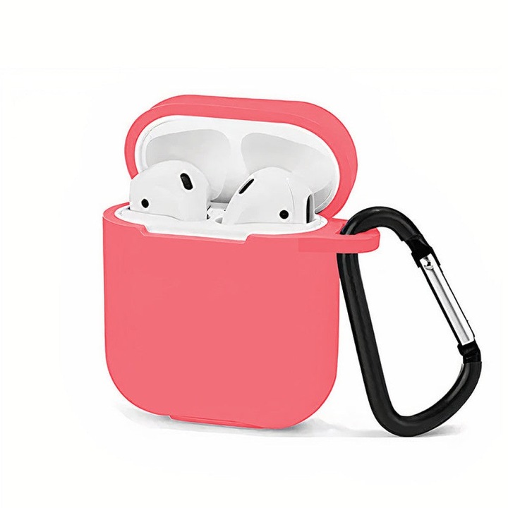 Husa Silicon Protectie compatibila cu AirPods Generatia 1/2 CASEY STUDIOS™, din Silicon Moale, cu Breloc Carabina, Incarcare Wireless, Roz