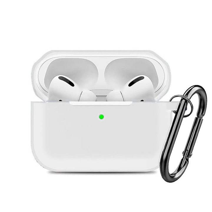 Husa Silicon Protectie compatibila cu AirPods Pro 1 / Pro 2 CASEY STUDIOS™, din Silicon Moale, cu Breloc Carabina, Incarcare Wireless, Alb