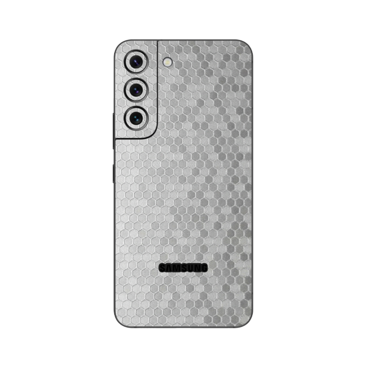 Folie iSkinz pentru Samsung Galaxy S22 5G - Honeycomb Argintiu Silver 360 Cut, Skin Adeziv Full Body Cover, Protectie Carcasa Spate si Laterale