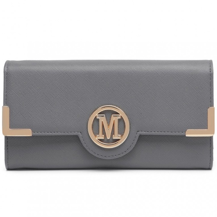 Portofel pentru dama, piele ecologica si logo metalic, Lulu LP2022DGY, Gri inchis