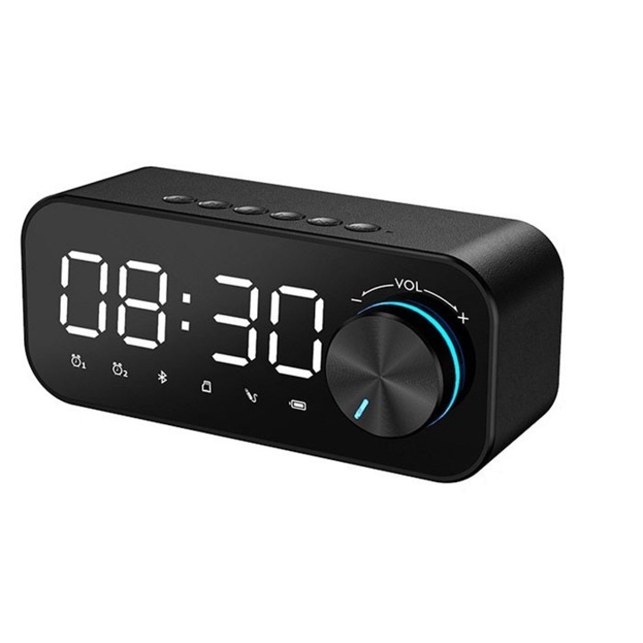 Ceas Digital, cu Boxa Bluetooth, Alarma, Slot de Card, Sunet Stereo, Negru