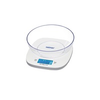 Cantar de bucatarie Zelmer ZKS1450, capacitate 5 kg, unitate de masurare de la 1 la 5 kg, precizie masurare 1 g, functie tara, cantarire apa, lapte, afisaj LCD, oprire automata, alb