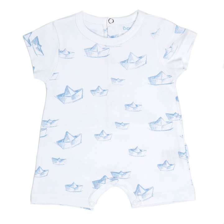 Salopeta bebe Babybol, maneca scurta, imprimeu barcute, alb/bleu