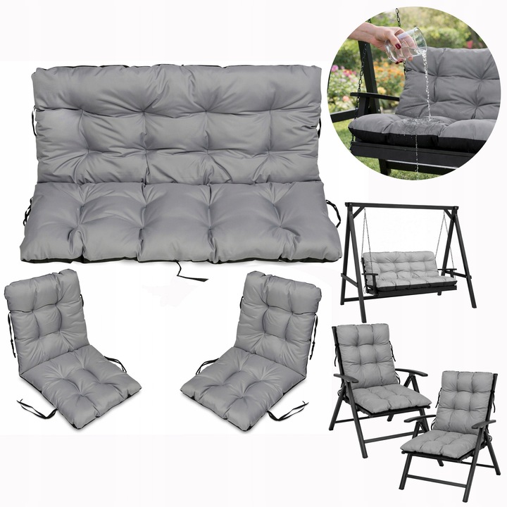 Set Perne banca gradina, terasa, mobilier, Gri, 140x60x50 + 2x 48x48x48 cm, exterior, impermeabila, pentru balansoar, paleti, banca, Superkissen24