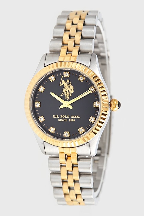 U.S. Polo Assn., Ceas din otel inoxidabil decorat cu cristale, Auriu rose, Argintiu