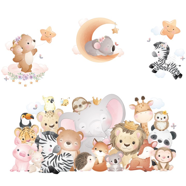 Sticker Autocolant Perete Copii, Animalele Junglei, 60x90 cm, Aida HER®