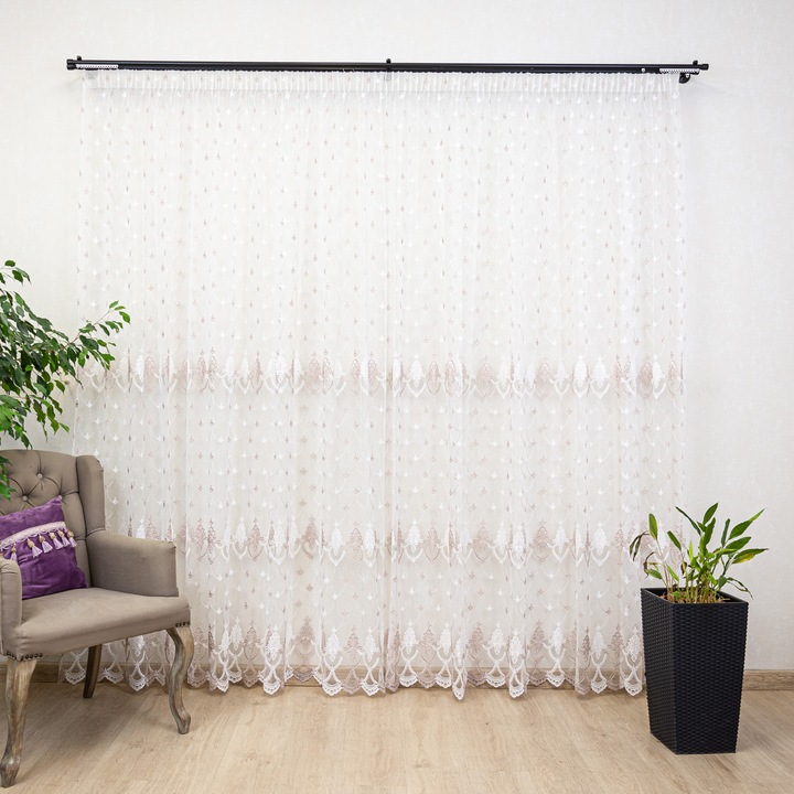 Perdea brodata, nesifonabila Hiko Chateau bronz deschis 600x245cm, cu rejansa