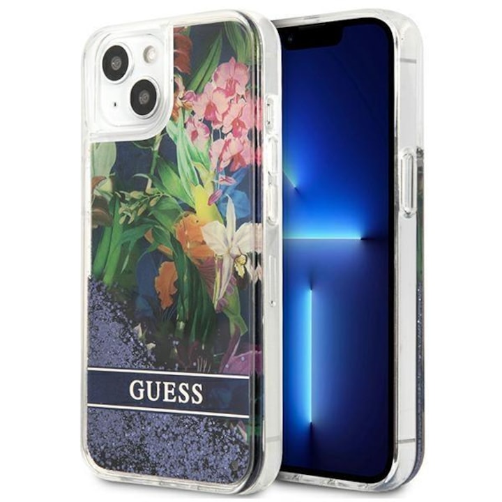 Husa Guess GUHCP13SLFLSB compatibila cu iPhone 13 Mini, Flower Liquid Glitter, Albastru