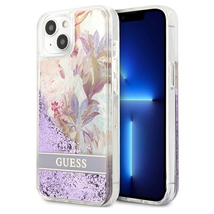 Husa Guess GUHCP13SLFLSU compatibila cu iPhone 13 Mini, Flower Liquid Glitter, Mov