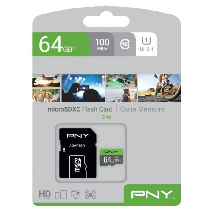 Карта памет PNY Elite MicroSDXC, UHS-I, U1, SD адаптер, 64GB, Сив
