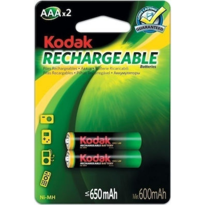 Комплект 2 акумулаторни батерии, Kodak, AAA HR03, Ni-MH, 650 mAh, зелени