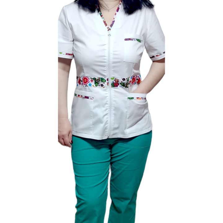 Costum medical de dama AMA Medical Scrubs, Halat fermoar cu insertie florala, alb verde, din tercot elastic, Marimea 36