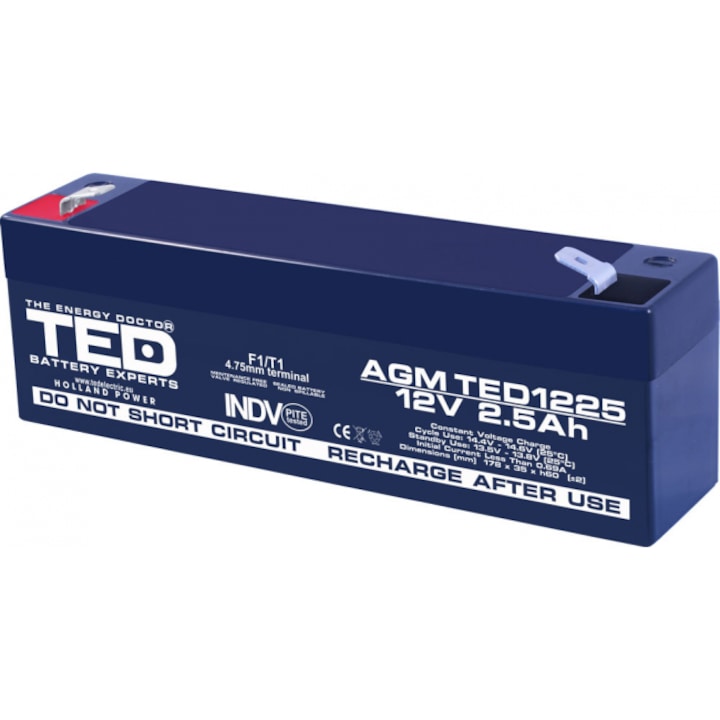 Оловна Батерия TED-1225; 12V / 2.5Ah AGM 177/35/62 mm