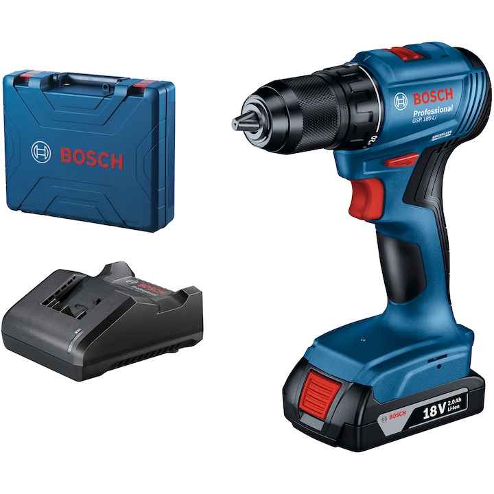 Bosch Professional GSR 185-LI Akkus fúrócsavarozó, 18V, 1900 rpm, 21/50 Nm, 2 Ah akkumulátor, Töltő, Kék/Fekete
