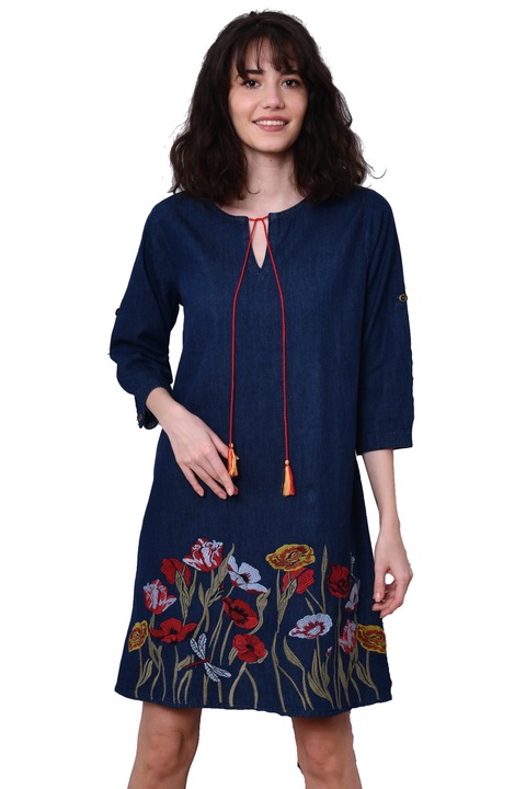 Rochie din denim culoarea bleumarin cu broderie florala colorata, Newt