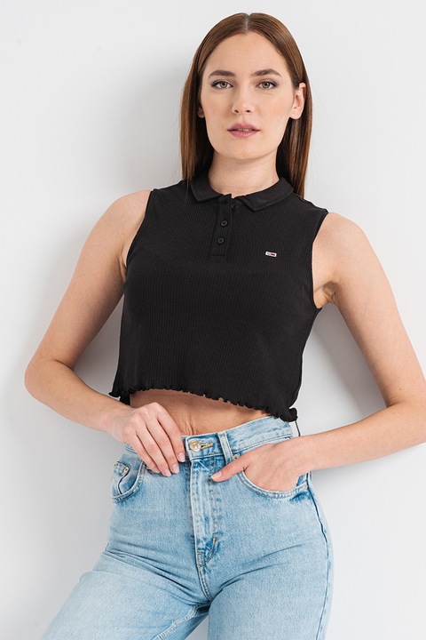 Tommy Jeans, Къс топ от органичен памук с яка, Черен