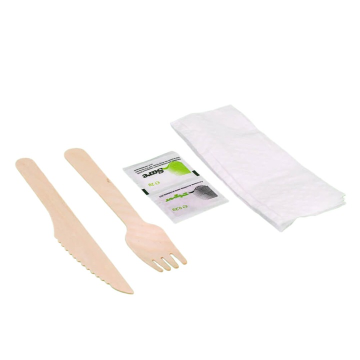 Комплект прибори за хранене от дърво 100 Bis, вилица, нож, салфетка, сол, пипер