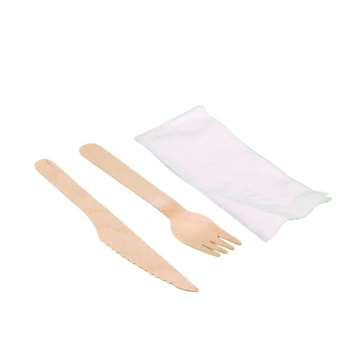 Комплект от 100 дървени прибори за хранене Bis, вилица, нож, салфетка