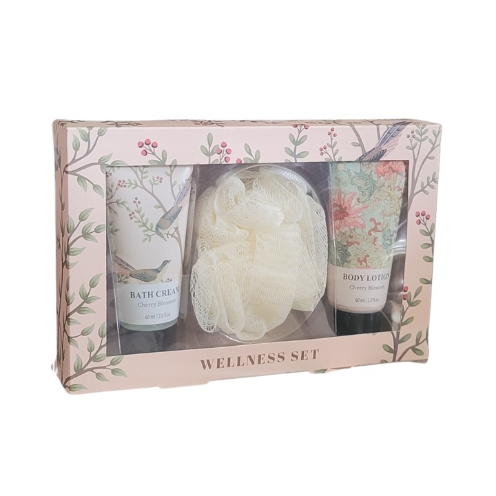 Női kozmetikai készlet testápoláshoz Wellness cseresznyevirág készlet, 120 ml fürdőszivaccsal