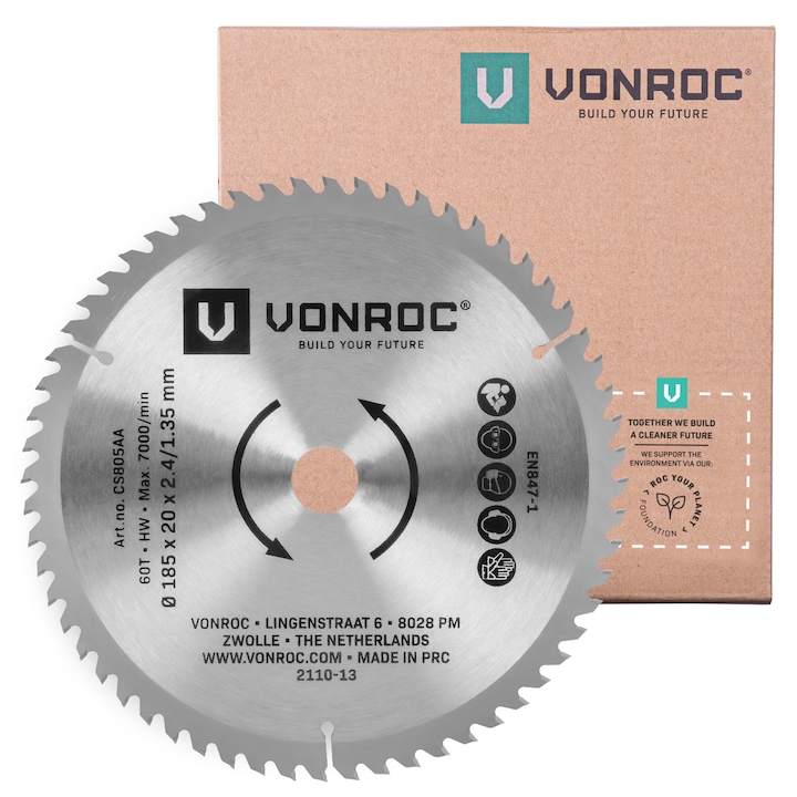 Körfűrészlap, VONROC, CS802AA, 185 x 20mm, 60T, laminátumhoz alkalmas, univerzális, kemény- és puhafában, MDF-ben és forgácslapban fűrészelésére