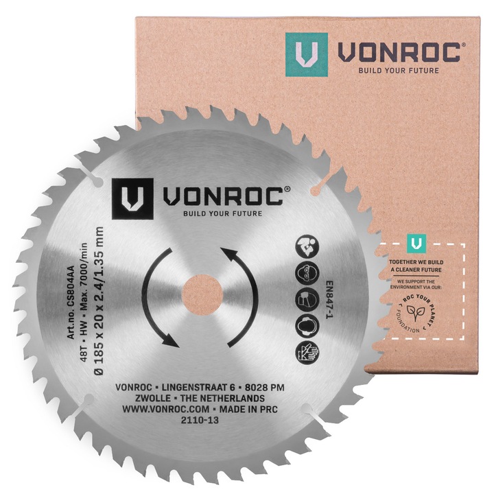 Körfűrészlap, VONROC, CS802AA, 185 x 20mm, 48T, fához alkalmas, univerzális, forgácslap, rétegelt lemez, MDF és HDF precíziós fűrészelésére