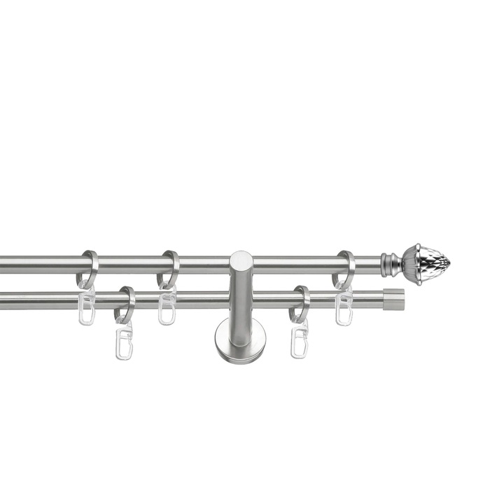 Set galerie metalica Ghinda, dubla, cu consola plata, nichel, Ø 19 mm, 400 cm - 2 x 200 cm cu element de legatura, accesorii incluse