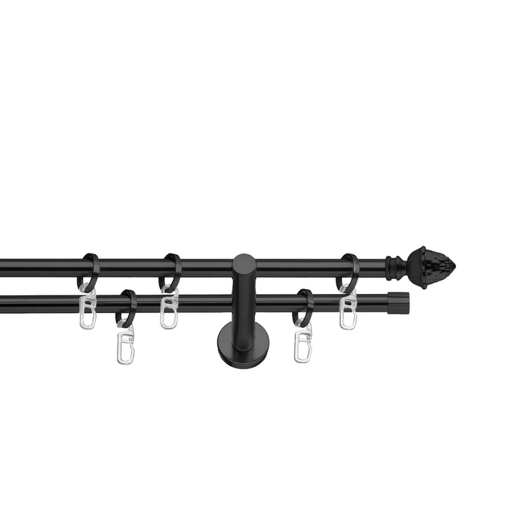 Set galerie metalica Ghinda, dubla, cu consola plata, negru, Ø 19 mm, 480 cm - 2 x 240 cm cu element de legatura, accesorii incluse