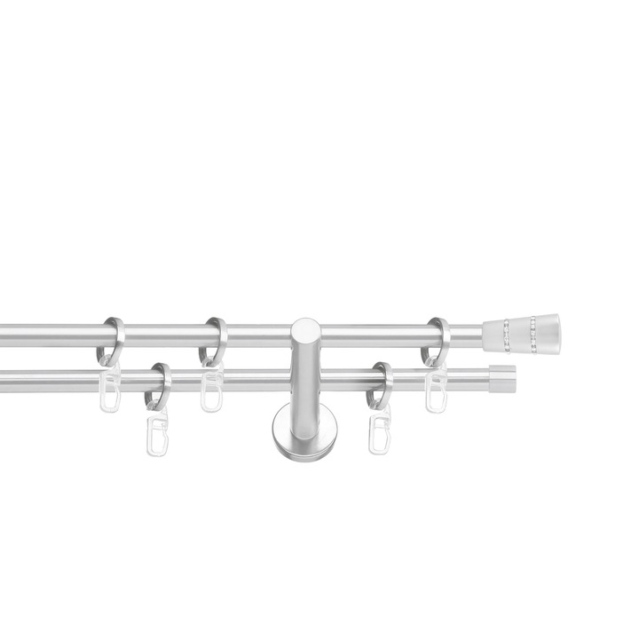 Set galerie metalica Con Briliant, dubla, cu consola plata, nichel satinat, Ø 19 mm, 300 cm - 4 x 150 cm cu element de legatura, accesorii incluse