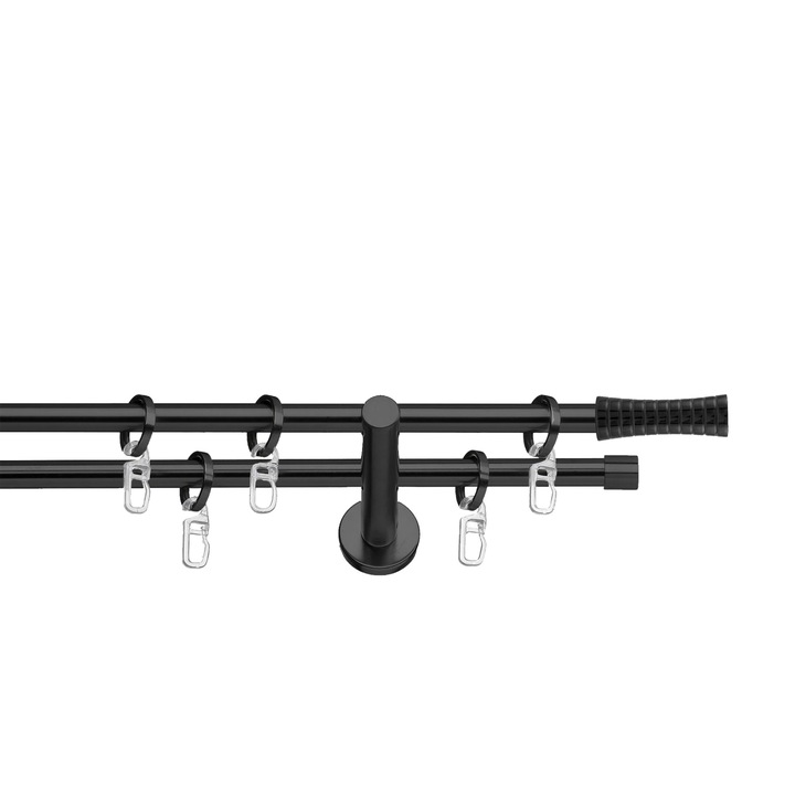 Set galerie metalica Ramses, dubla, cu consola plata, negru, Ø 19 mm, 240 cm - 2 x 120 cm cu element de legatura, accesorii incluse