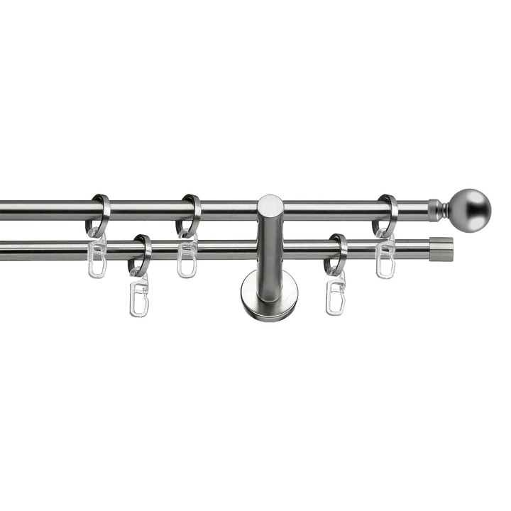 Set galerie metalica Ball, dubla, cu consola plata, nichel, Ø 19 mm, 400 cm - 2 x 200 cm cu element de legatura, accesorii incluse