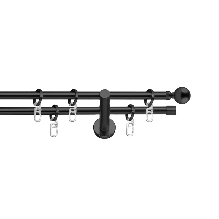 Set galerie metalica Ball, dubla, cu consola plata, negru, Ø 19 mm, 100 cm, accesorii incluse