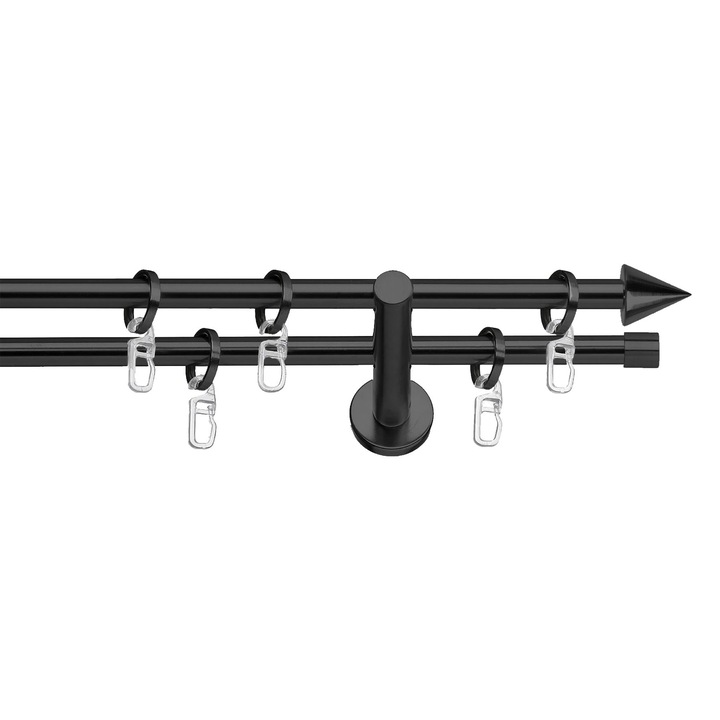 Set galerie metalica Con, dubla, cu consola plata, negru, Ø 19 mm, 100 cm, accesorii incluse