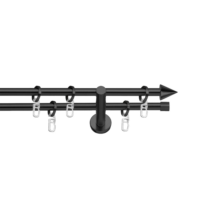 Set galerie metalica Con, dubla, cu consola plata, negru, Ø 19 mm, 300 cm - 2 x 150 cm cu element de legatura, accesorii incluse