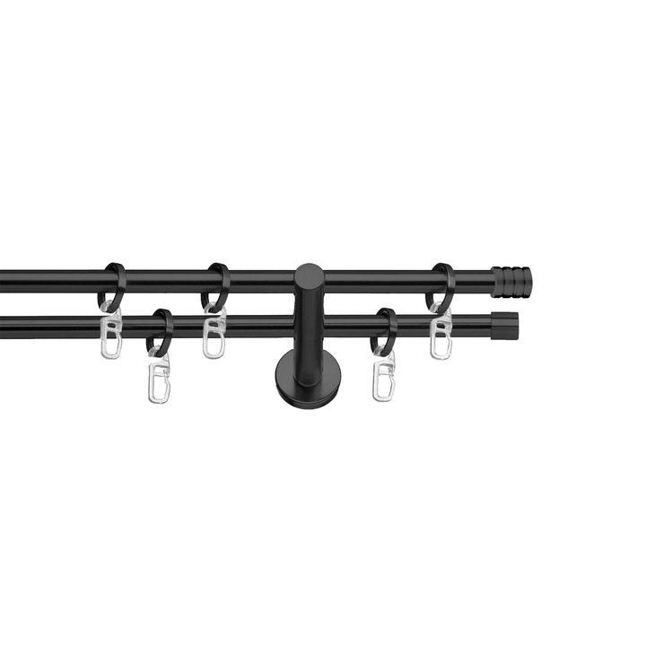 Set galerie metalica Cilindru striat, dubla, cu consola plata, negru, Ø 19 mm, 200 cm, accesorii incluse