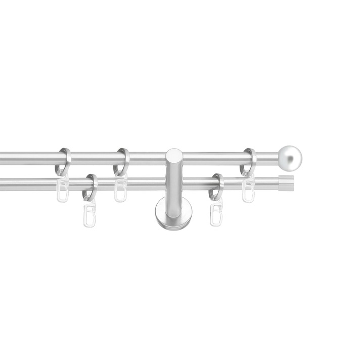 Set galerie metalica Dop rotund, dubla, cu consola plata, nichel satinat, Ø 16 mm, 480 cm - 2 x 240 cm cu element de legatura, accesorii incluse