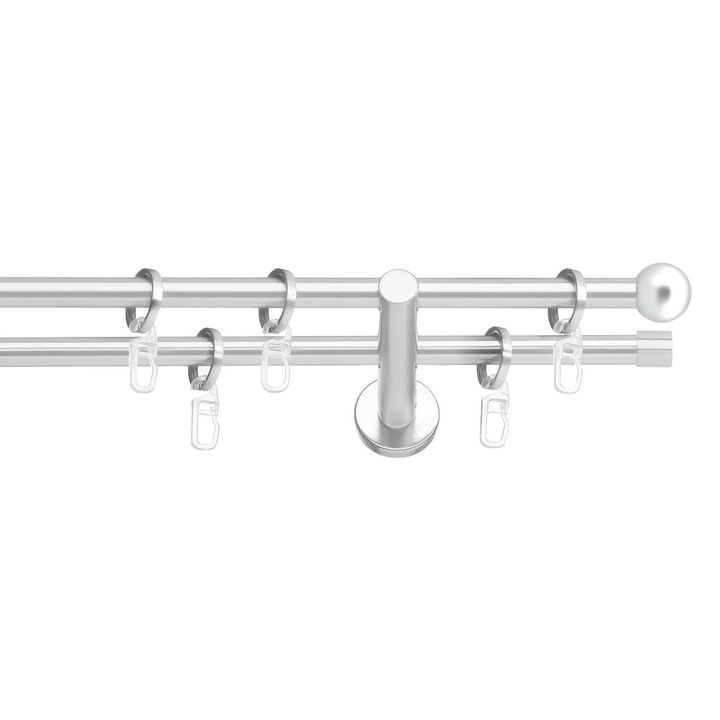 Set galerie metalica Dop rotund, dubla, cu consola plata, nichel satinat, Ø 16 mm, 100 cm, accesorii incluse