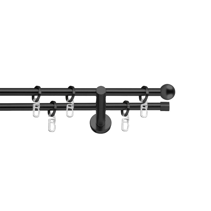 Set galerie metalica Dop rotund, dubla, cu consola plata, negru, Ø 19 mm, 200 cm, accesorii incluse